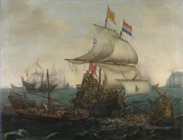 Vroom Hendrick Cornelisz Barcos holandeses embistieron galeras españolas frente a la costa flamenca en la batalla naval de 1602 Pinturas al óleo